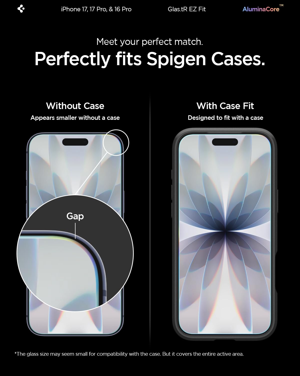 Spigen protector encajado con funda mostrando compatibilidad con carcasas
