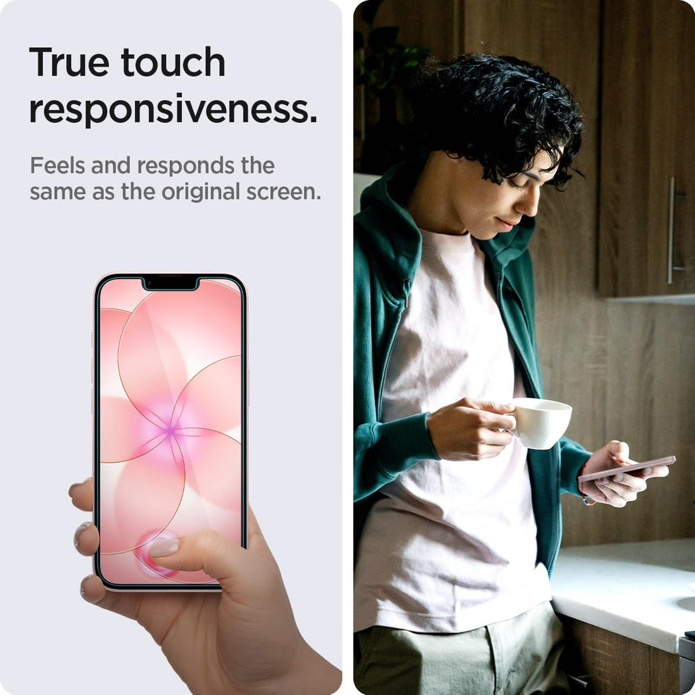 Spigen protector GlasTR instalado en iPhone demostrando tacto natural