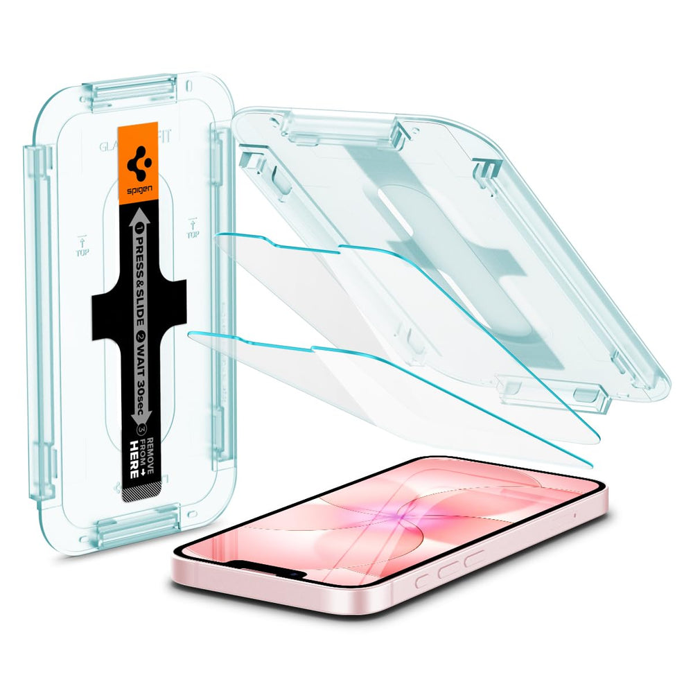 Spigen protector GlasTR vista frontal del empaque con beneficios claros
