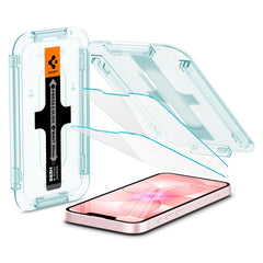 Spigen protector GlasTR vista frontal del empaque con beneficios claros