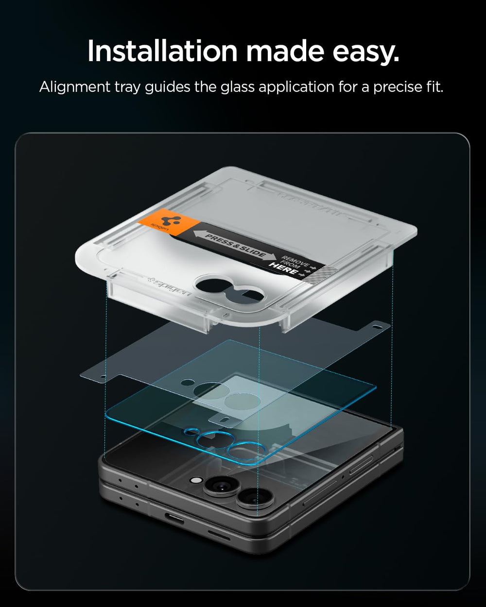 Spigen bandeja EZ FIT en proceso de instalación asegura alineado perfecto