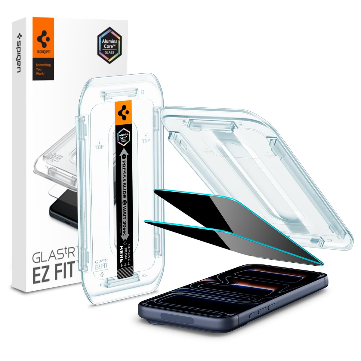 Spigen protector GlasTR vista frontal del embalaje con beneficios de privacidad