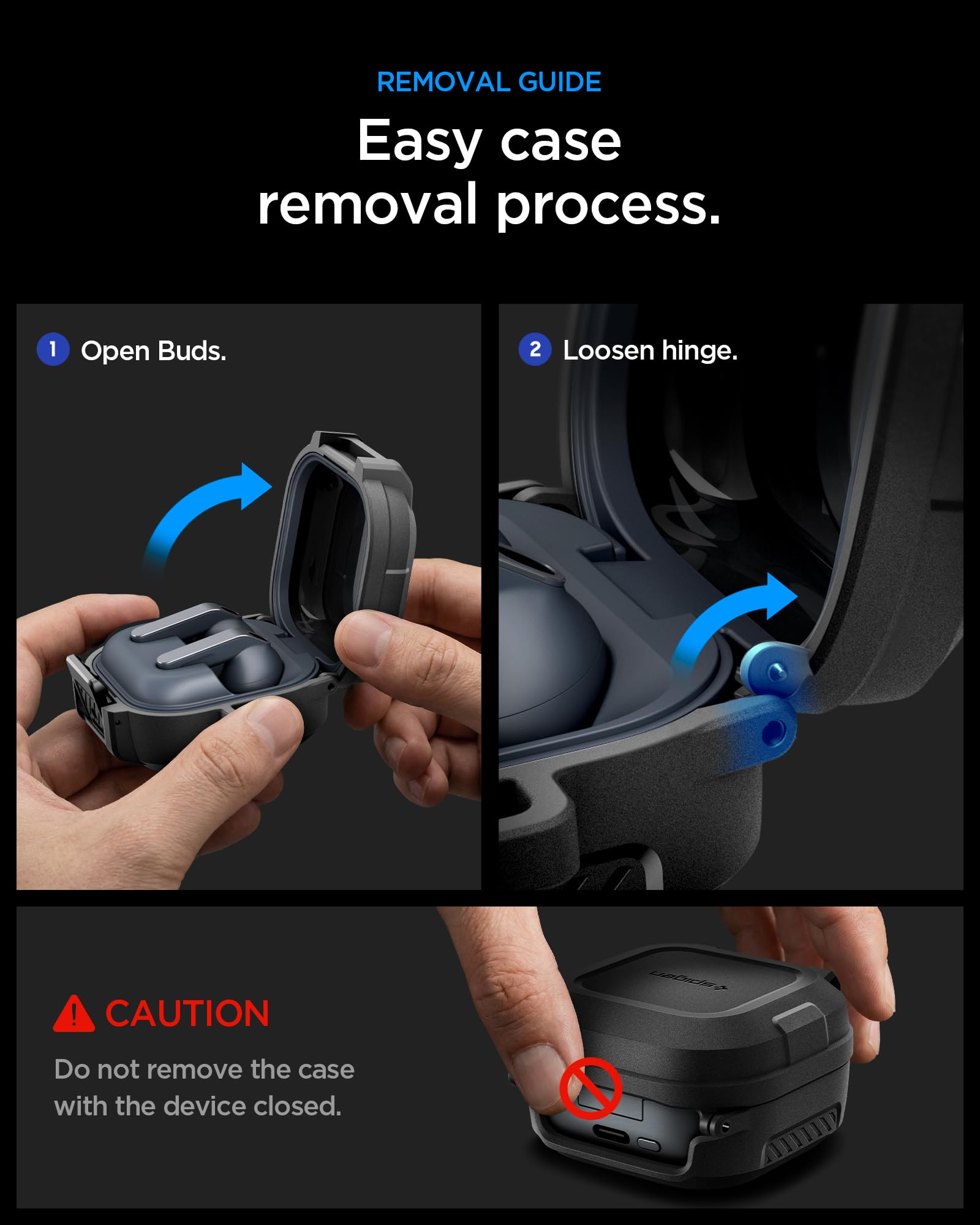 Spigen funda abierta mostrando los Galaxy Buds 4 dentro seguros