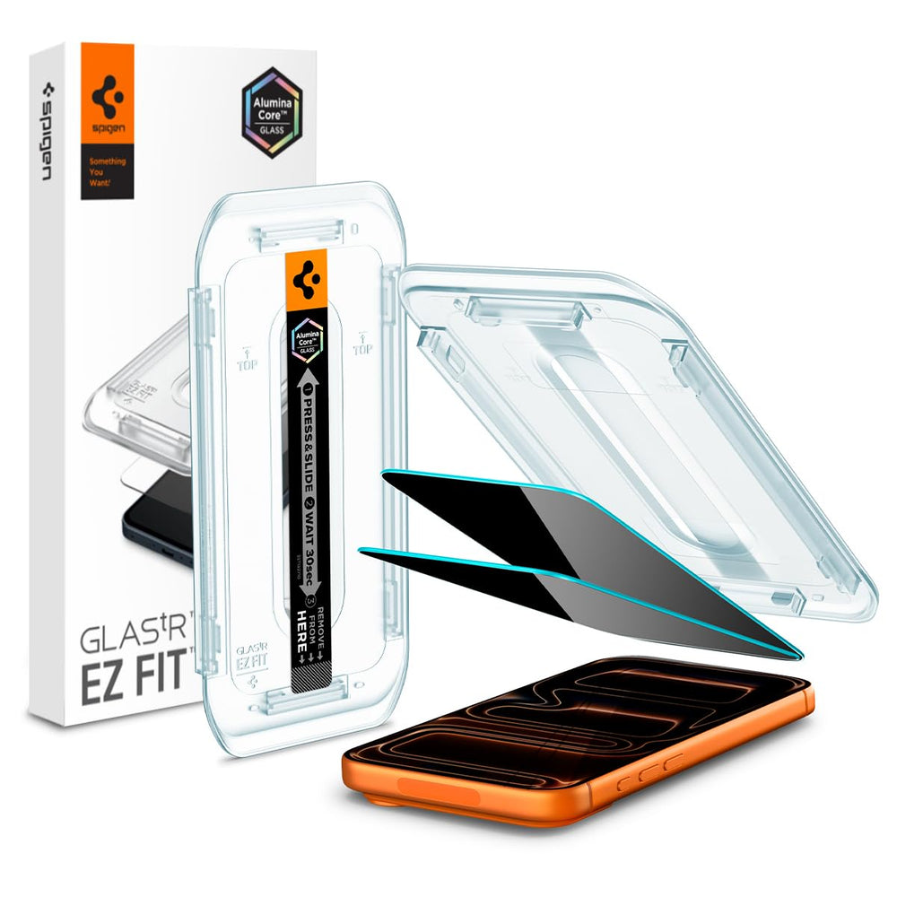 Spigen protector frontal colocado en iPhone mostrando pantalla clara y privacidad