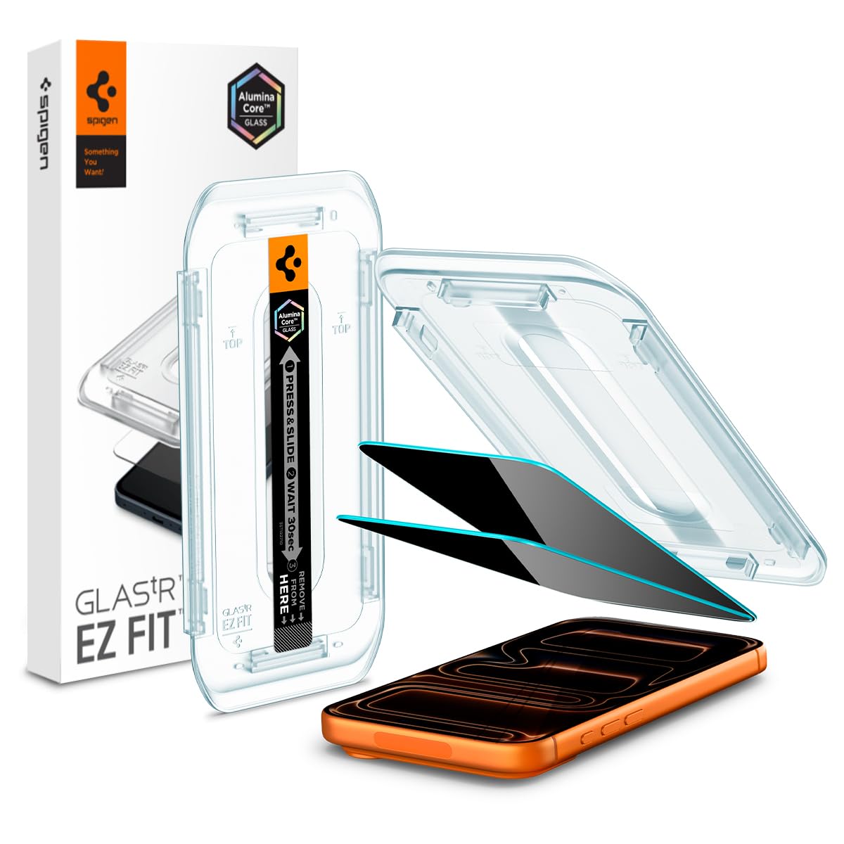 Spigen protector frontal colocado en iPhone mostrando pantalla clara y privacidad