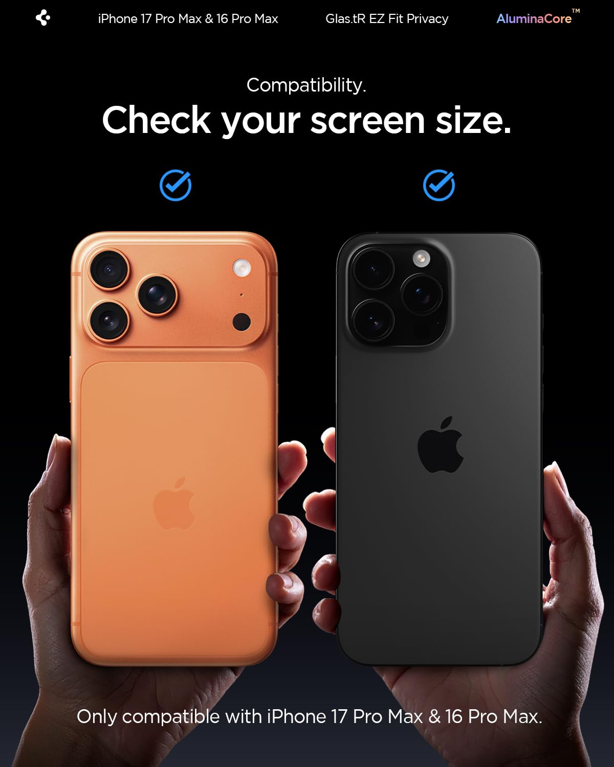 Spigen detalle del vidrio AluminaCore resaltando textura y resistencia al rayado