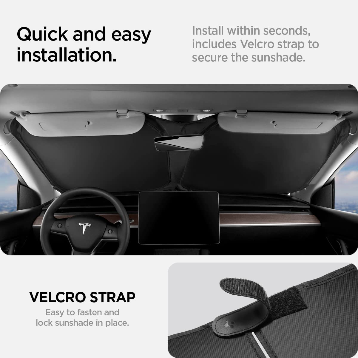 Spigen parasol instalado en un Tesla Model 3 manteniendo el interior fresco
