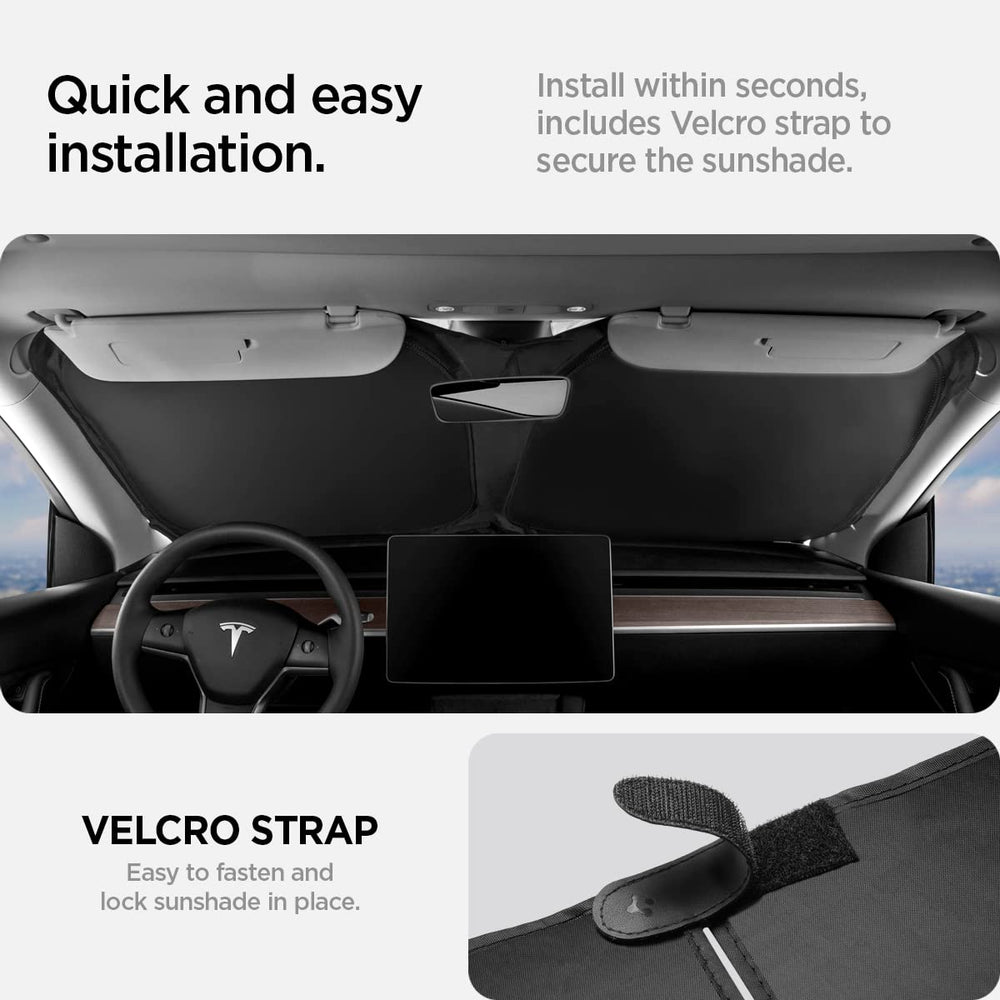 Spigen parasol instalado en un Tesla Model 3 manteniendo el interior fresco