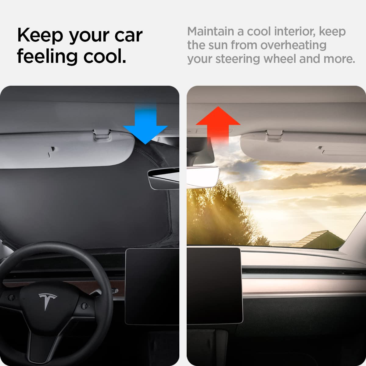 Spigen parasol colocado en un Tesla Model Y reduciendo exposición solar interior