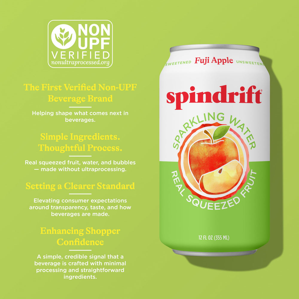 Spindrift jugo de manzana exprimida ilustrando origen real