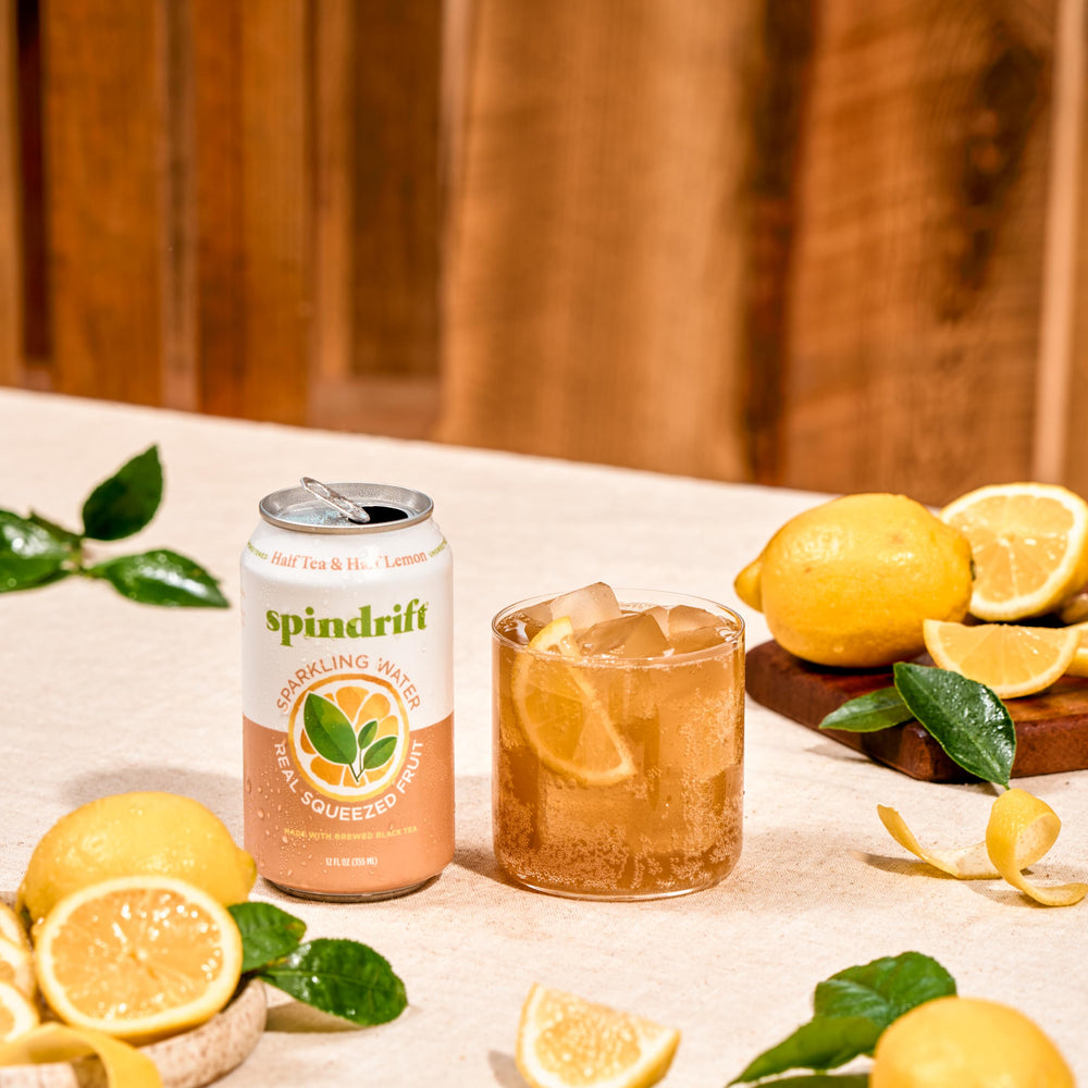 Spindrift lemons and brewed tea ingredients showing natural sourcing
