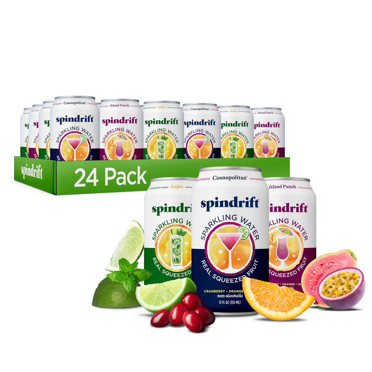 Spindrift pack frontal de 24 latas mostrando variedad de sabores y conveniencia