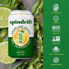 Lata de Spindrift Nojito vertida en vaso con hielo para refrescar