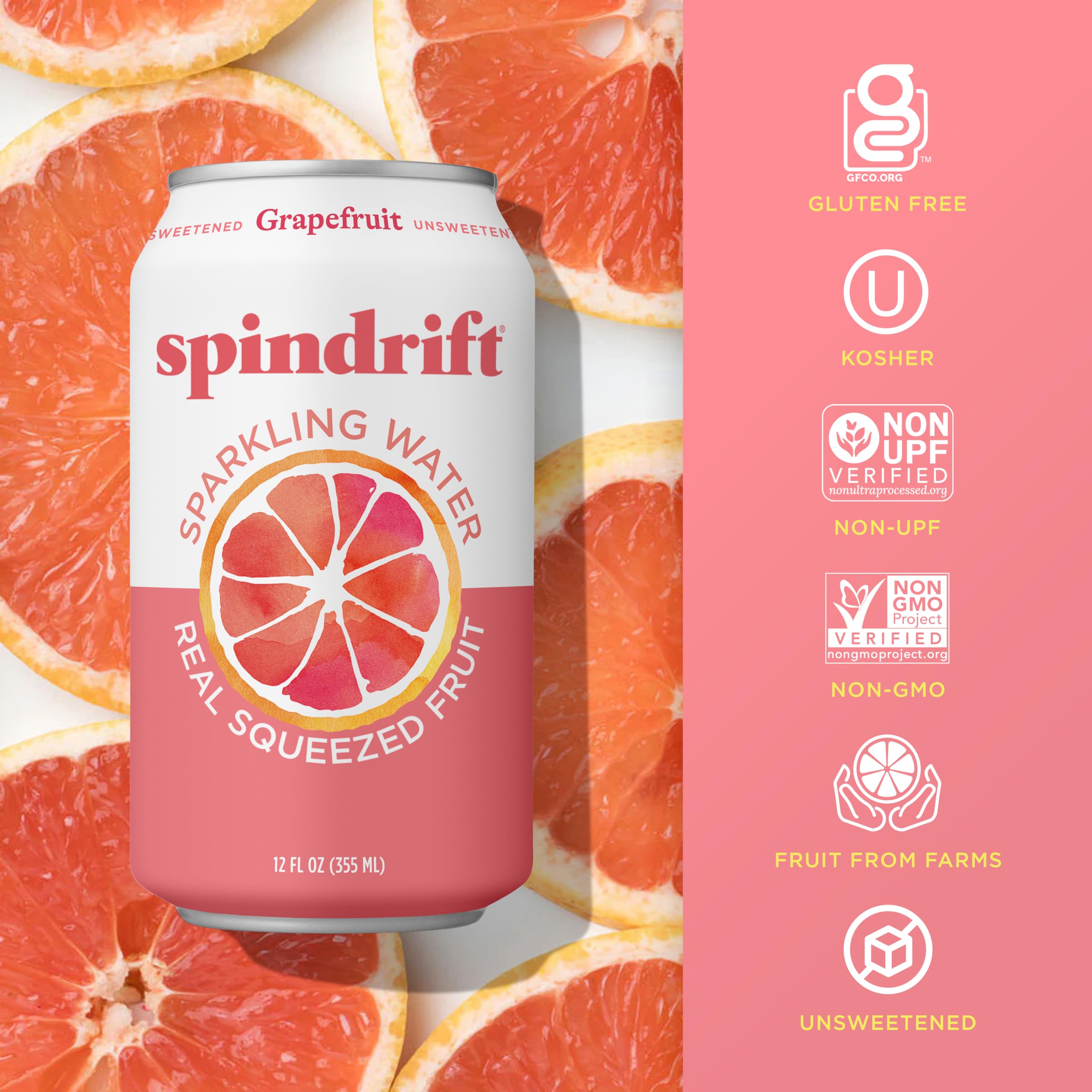 Caja abierta con 24 latas Spindrift pomelo organizada para almacenamiento