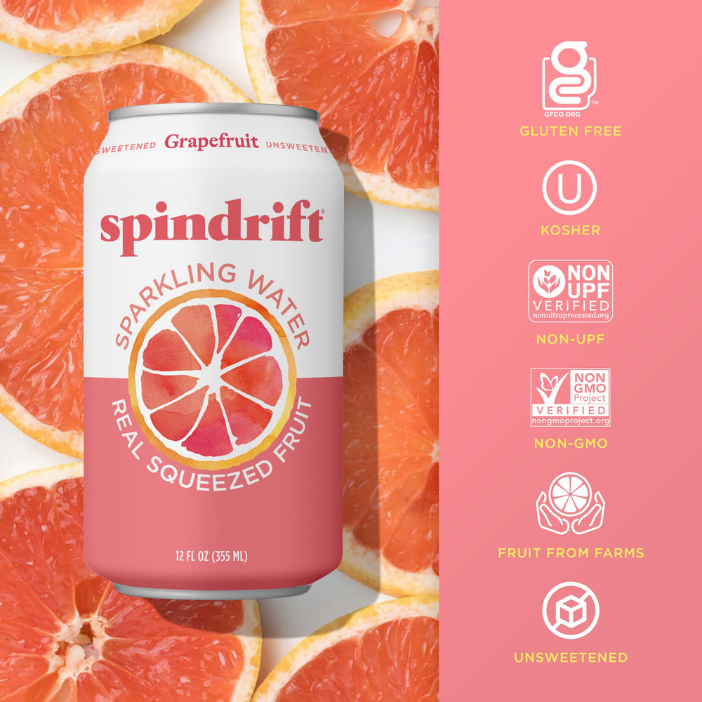 Caja abierta con 24 latas Spindrift pomelo organizada para almacenamiento