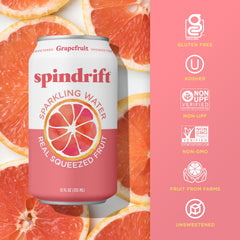 Caja abierta con 24 latas Spindrift pomelo organizada para almacenamiento