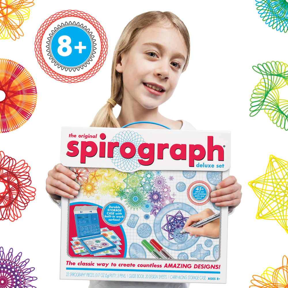 Spirograph hojas de diseño y guía a color mostrando instrucciones