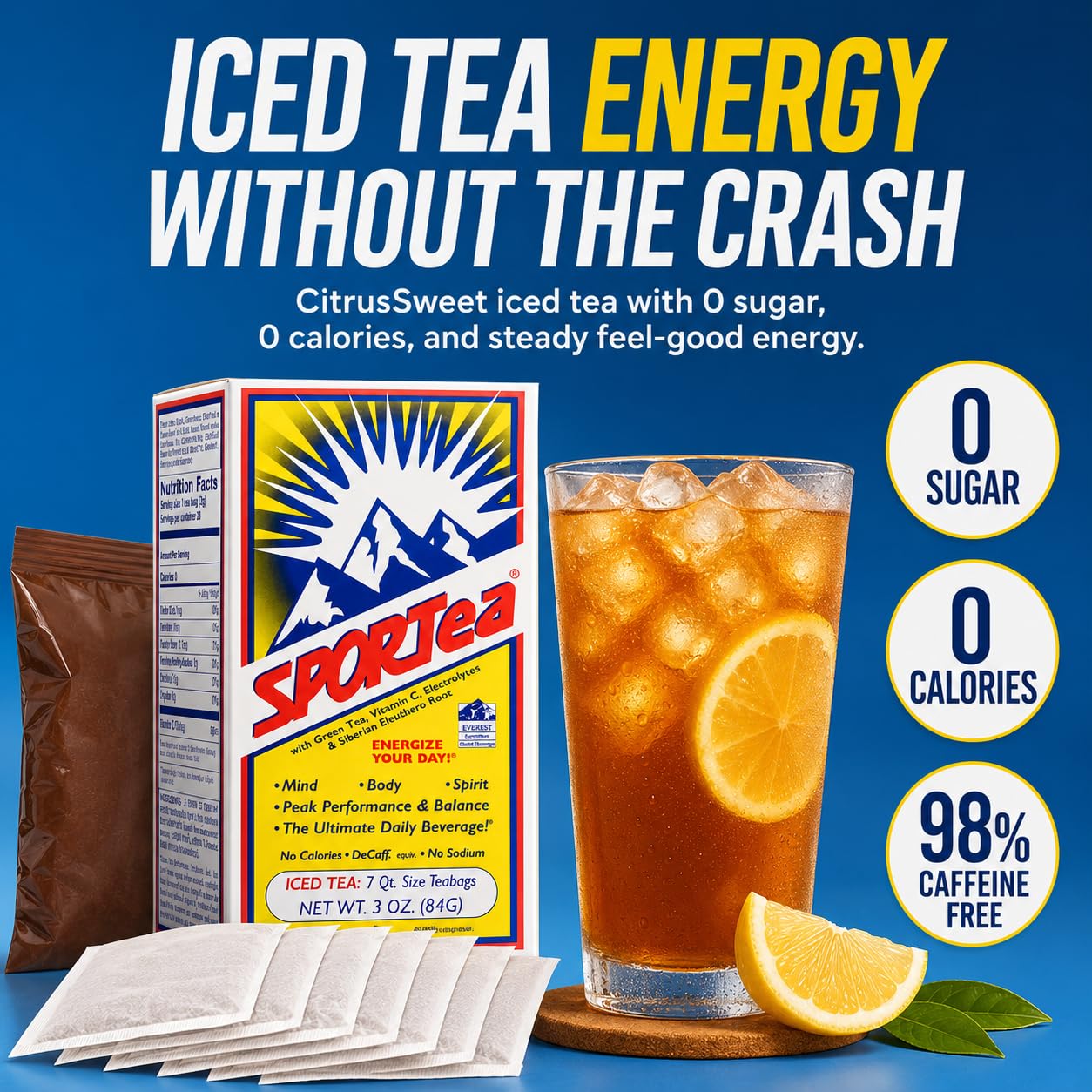 SPORTea tetera refrigerada con bolsita infusionando, refresca e hidrata sin calorías