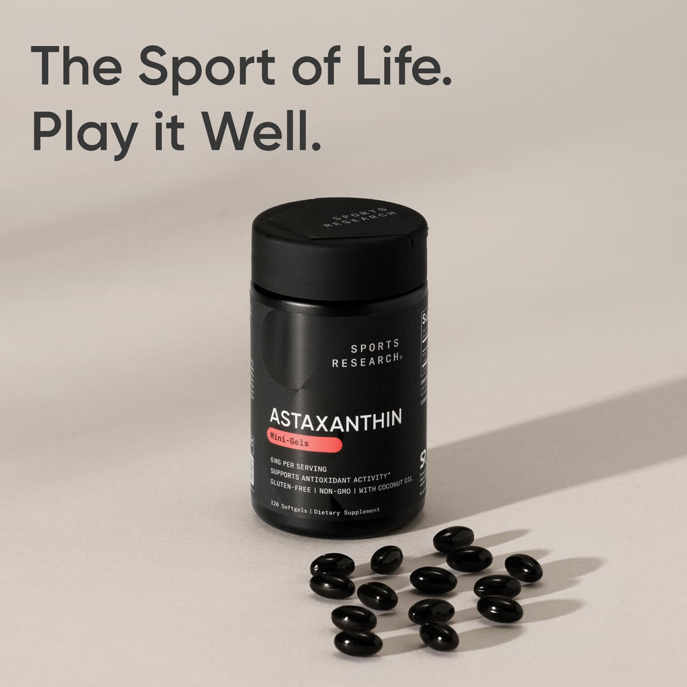 Sports Research open bottle spilling softgels illustrating 120-count supply convenience