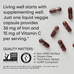 Etiqueta de Sports Research con lista de hierro y vitaminas B y C
