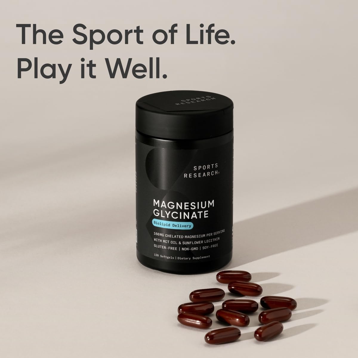 Sports Research softgels junto a cuchara medidora para representar la dosis por porción