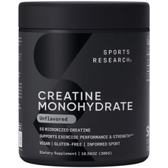 Sports Research bote frontal con creatina sin sabor, presentación 60 porciones