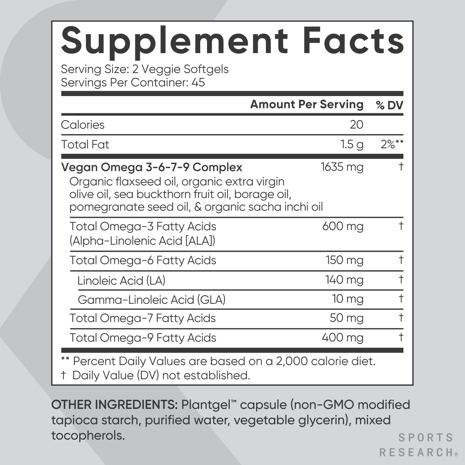 Sports Research etiqueta con información nutricional y certificaciones claras