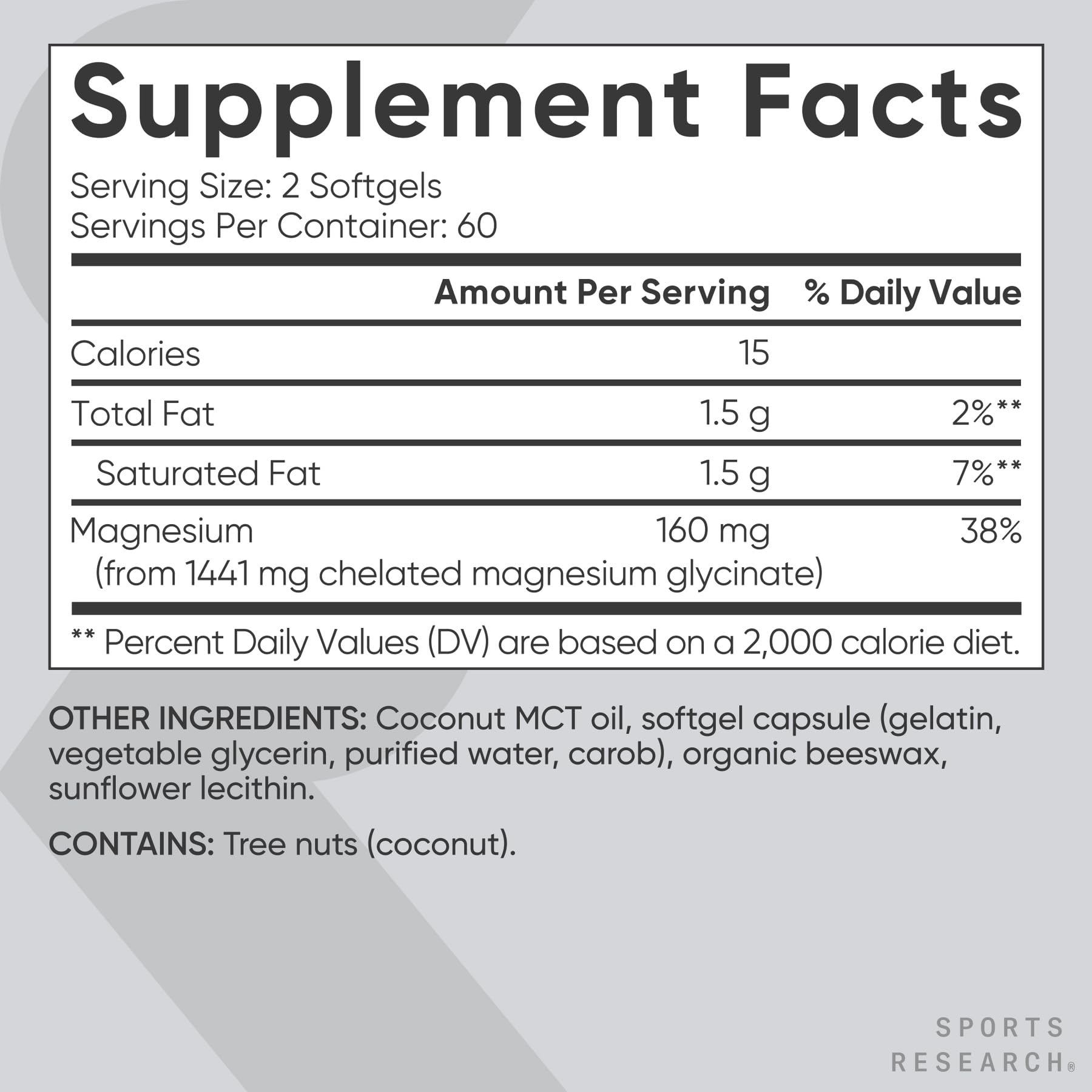 Sports Research etiqueta nutricional enfocada mostrando dosis y pureza del magnesio