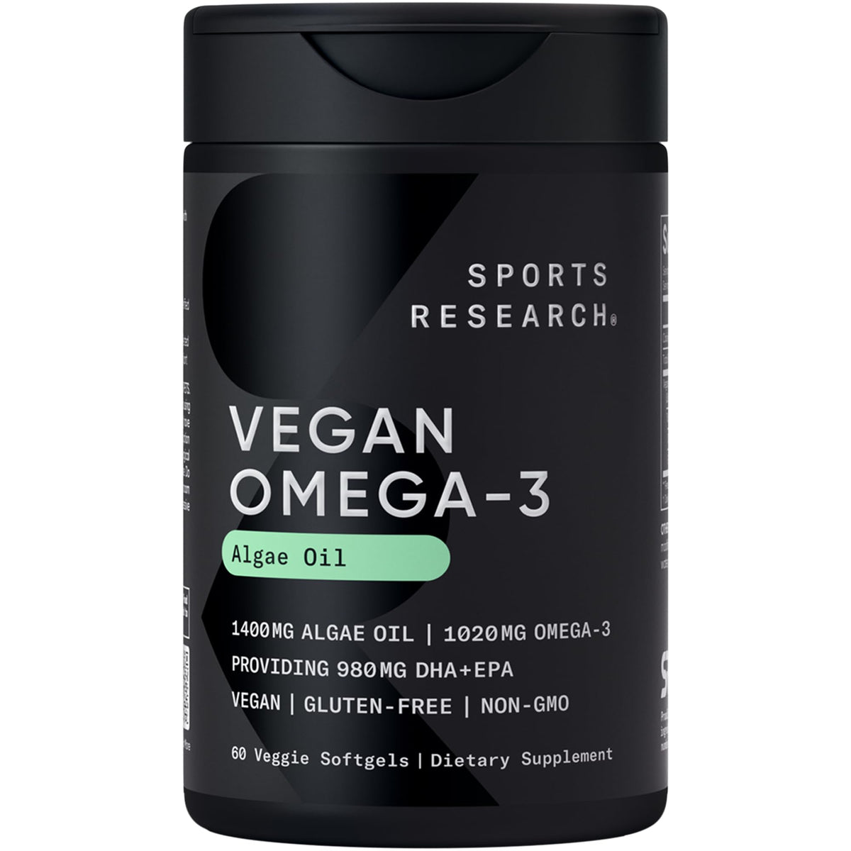 Sports Research envase frontal de Vegan Omega‑3 con información de producto