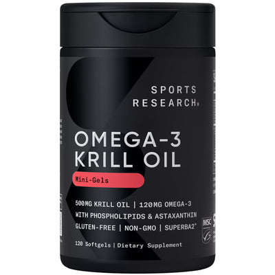 Sports Research front packaging showing krill oil bottle and benefits