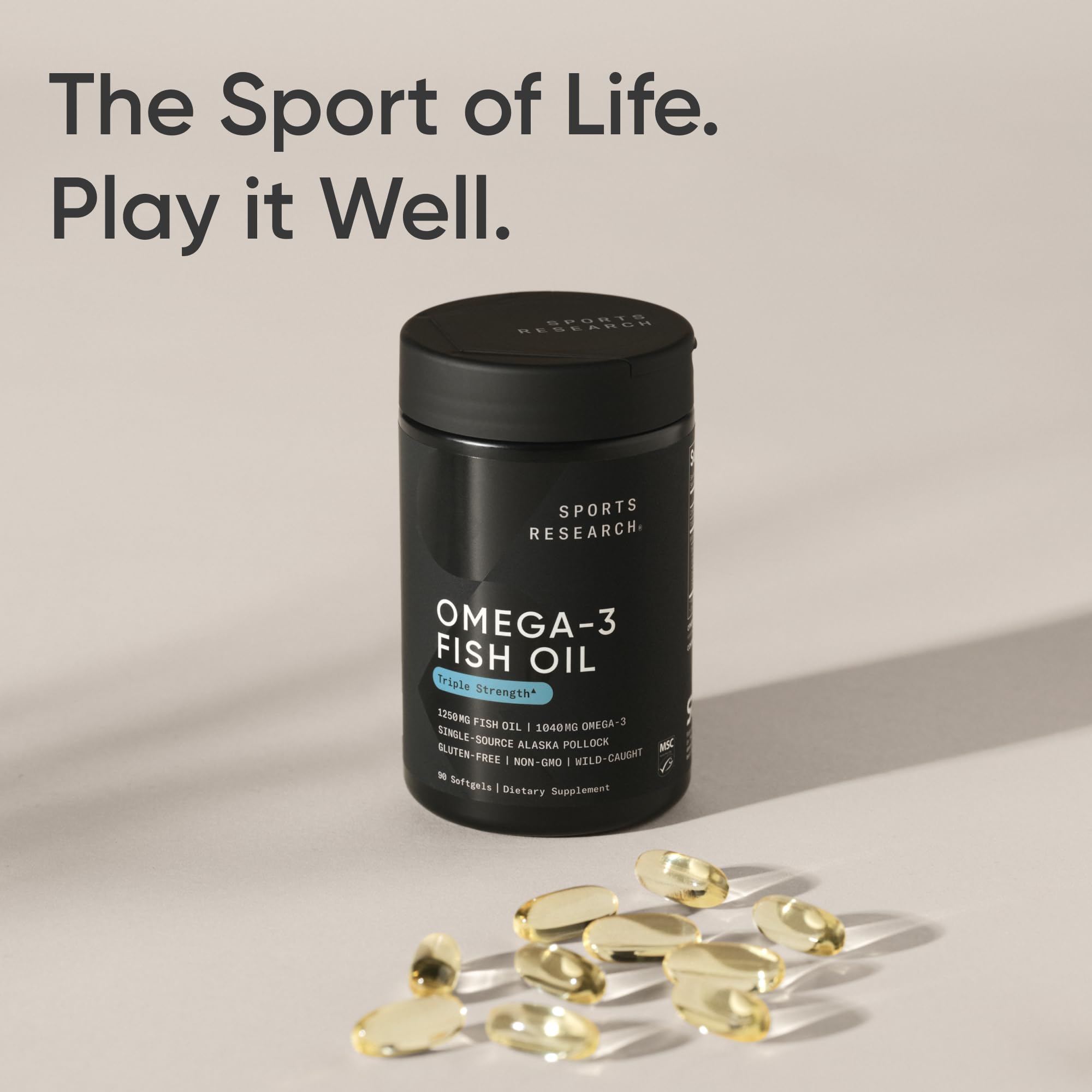 Sports Research softgels scattered on table showing capsule appearance and single-dose benefit