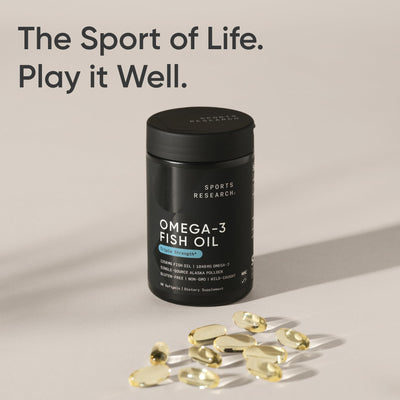 Sports Research softgels scattered on table showing capsule appearance and single-dose benefit