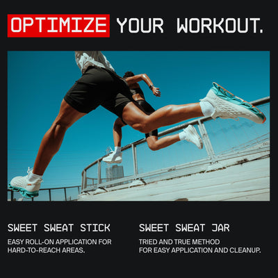 Sports Research Sweet Sweat next to a hand for size scale, travel-friendly 6.4oz convenience