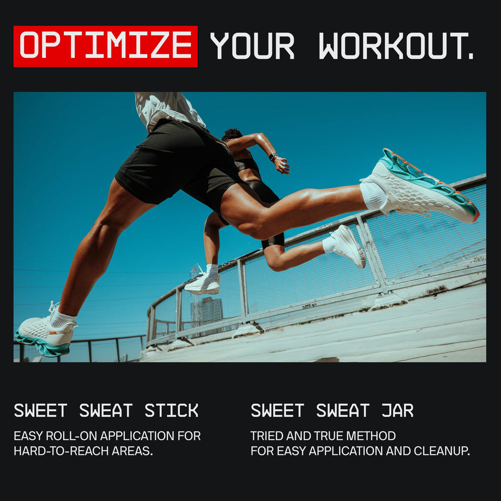 Sports Research Sweet Sweat next to a hand for size scale, travel-friendly 6.4oz convenience