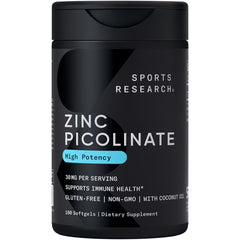 Sports Research envase frontal de Zinc Picolinate 180 softgels muestra información clara