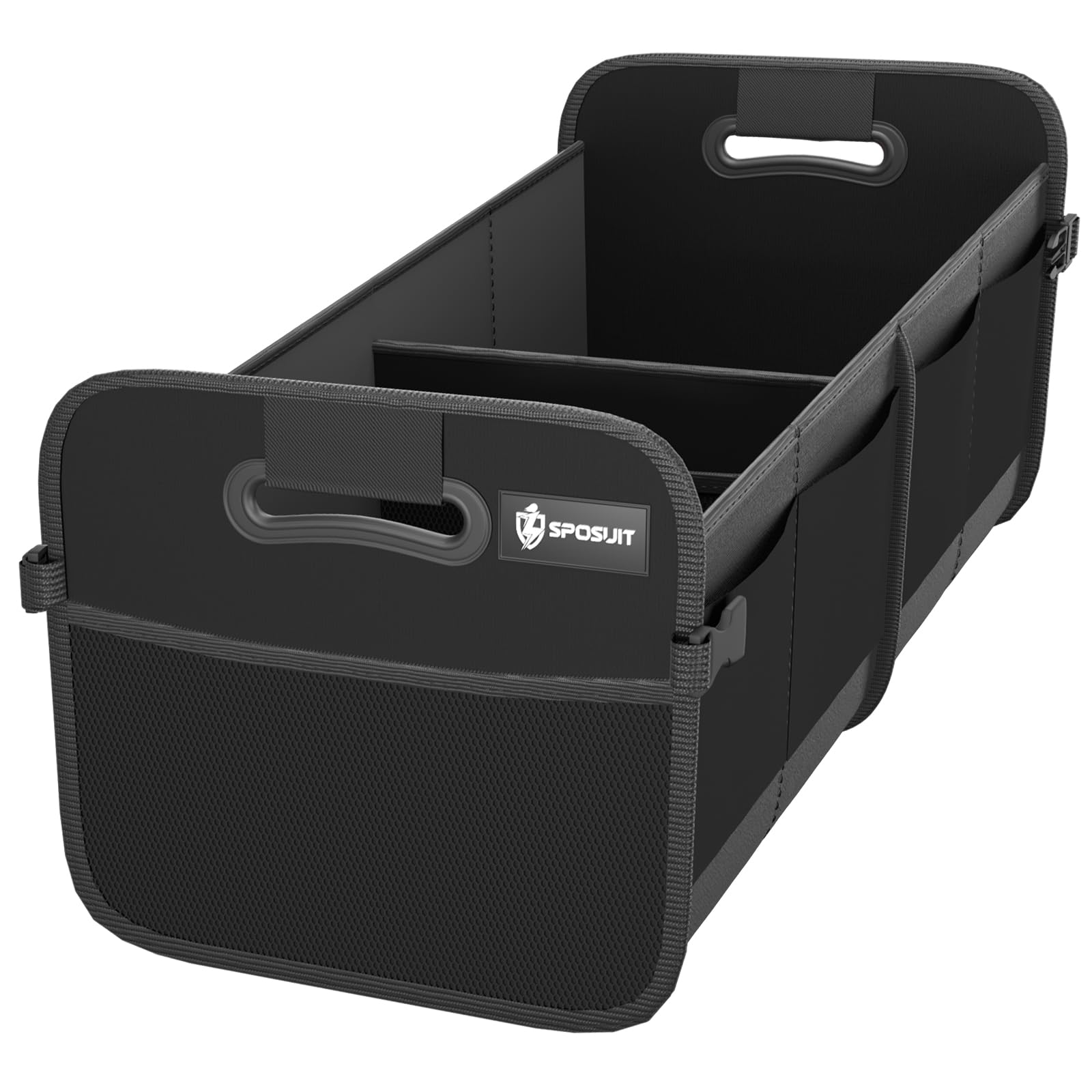 Sposuit organizador frontal mostrando compartimentos y estabilidad