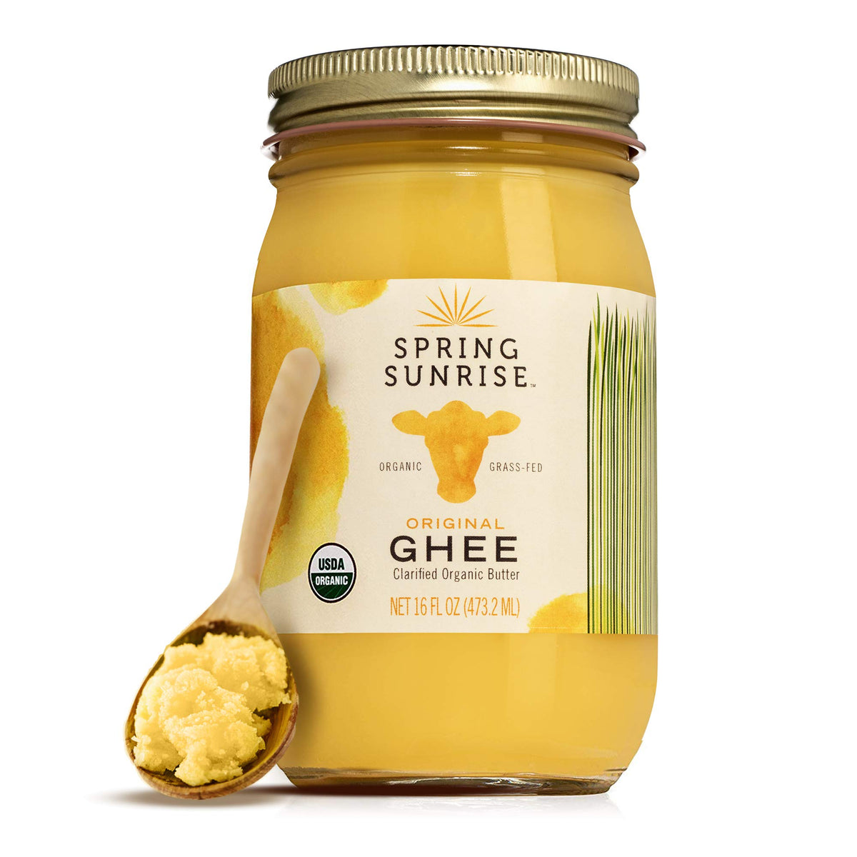 Spring Sunrise frasco delantero mostrando ghee dorado y etiqueta clara