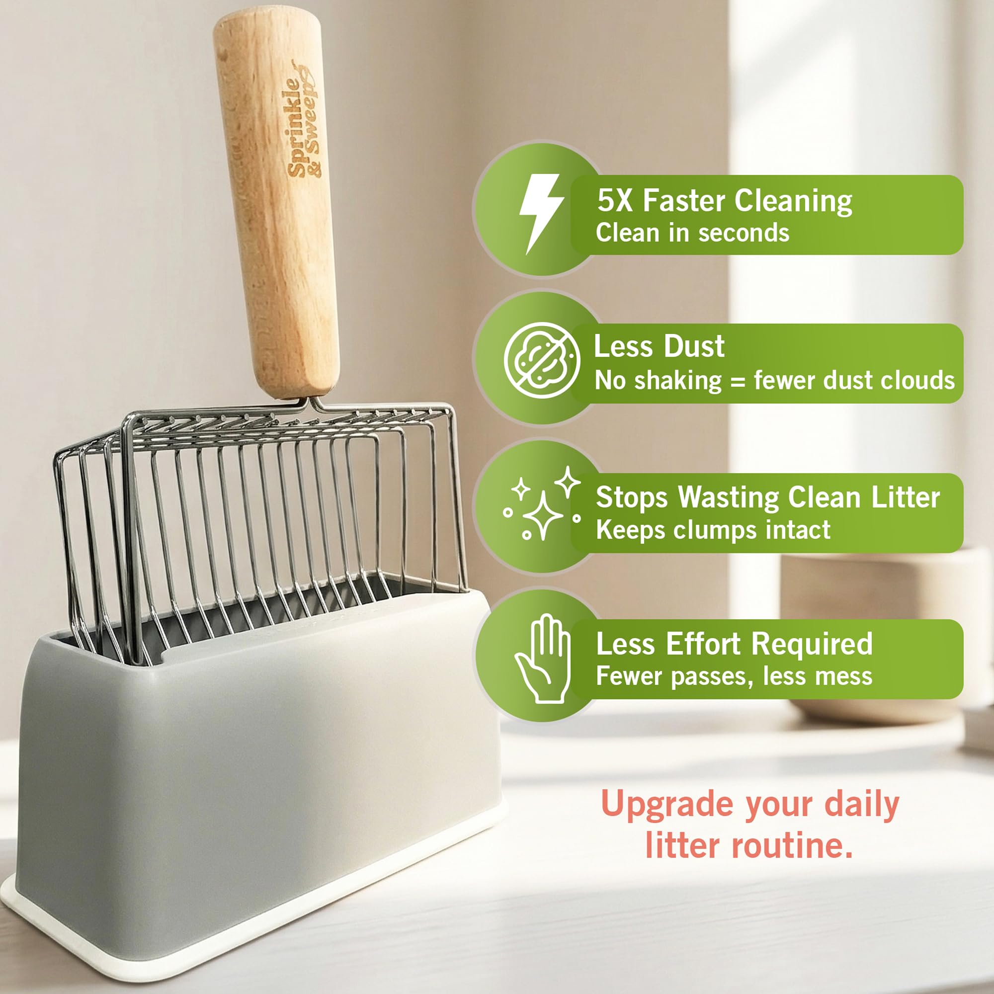 Sprinkle & Sweep soporte vertical que mantiene la pala limpia y accesible