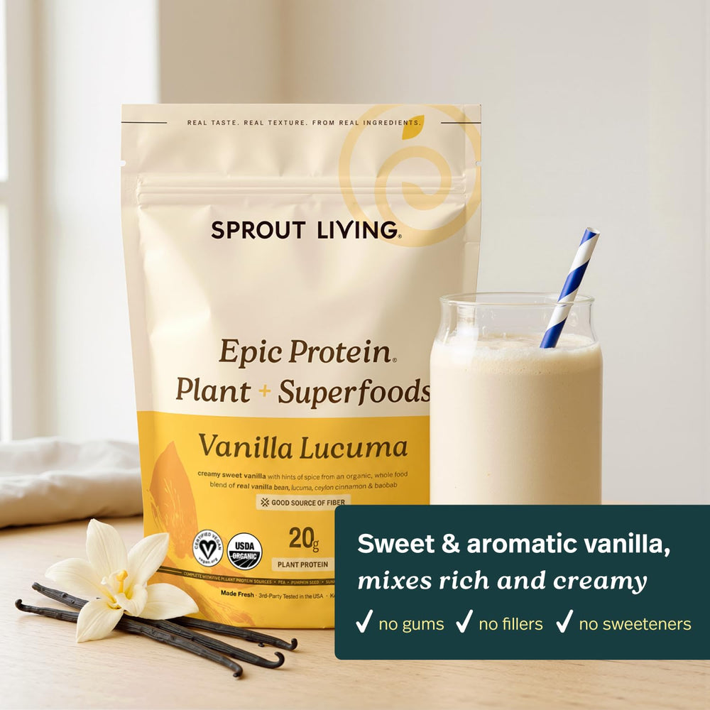 Sprout Living ingredientes orgánicos: semillas y lucuma para nutrición