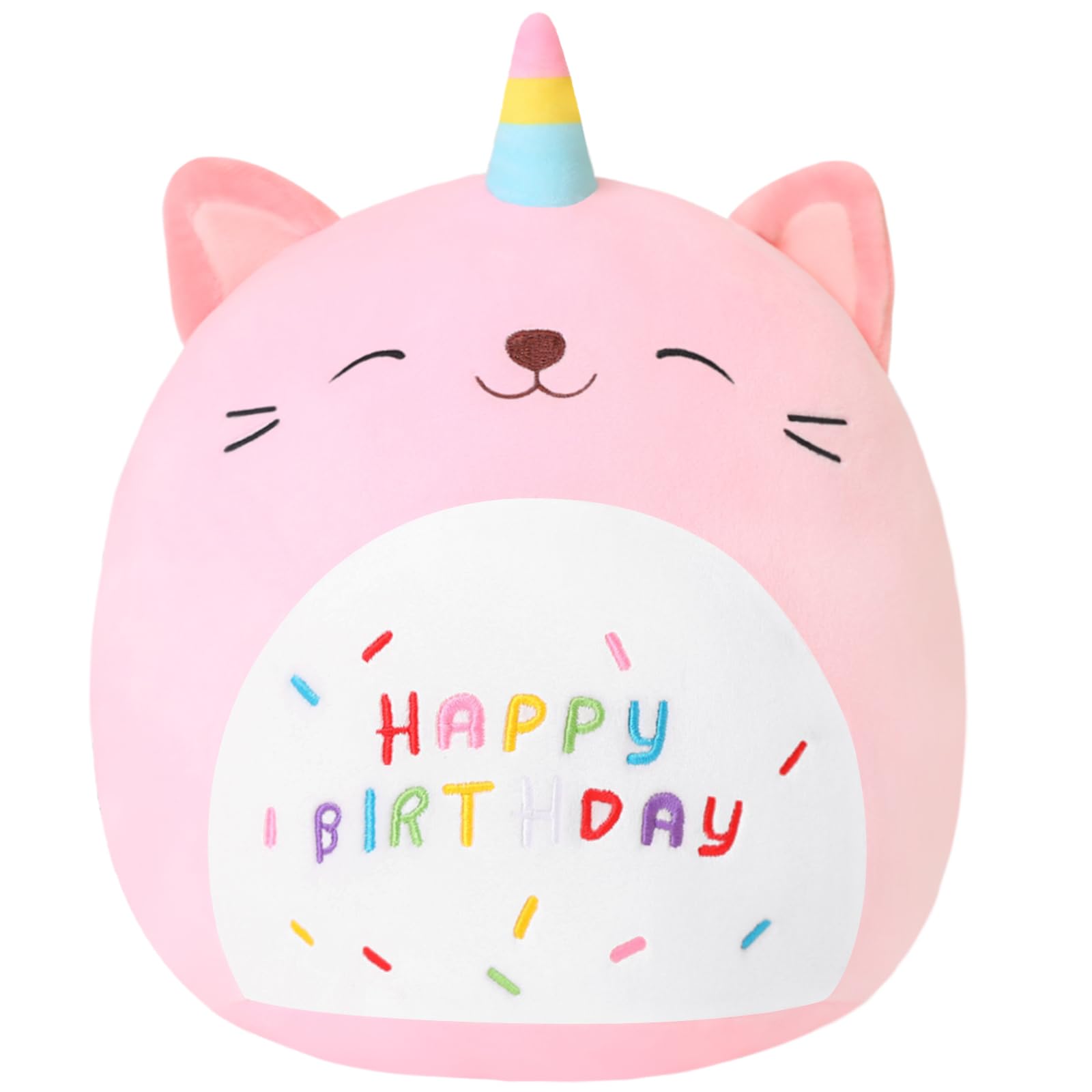 SQEQE peluche gato unicornio frontal mostrando expresión encantadora