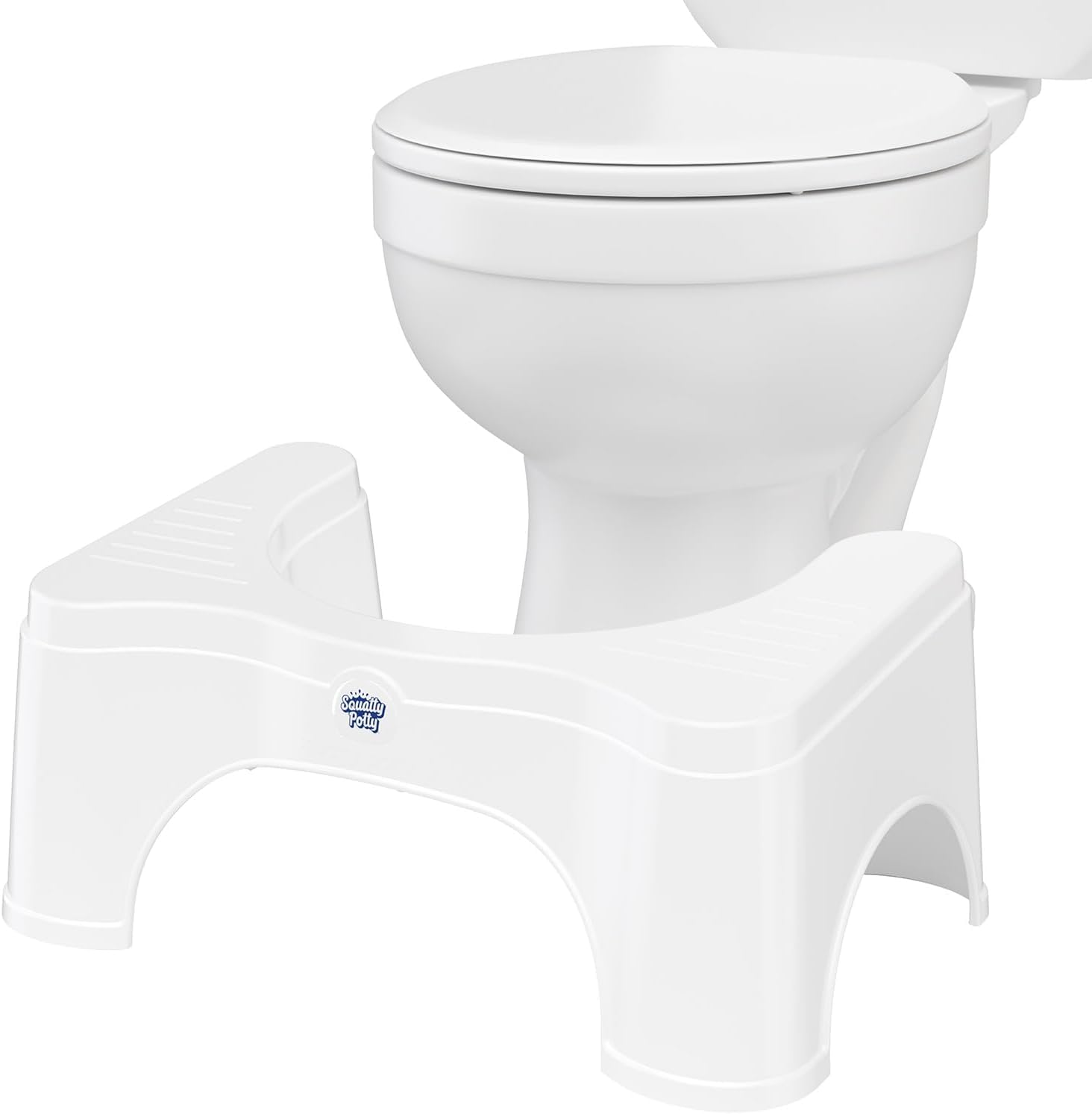 Squatty Potty 2.0 Base blanco vista frontal mostrando diseño compacto y discreto