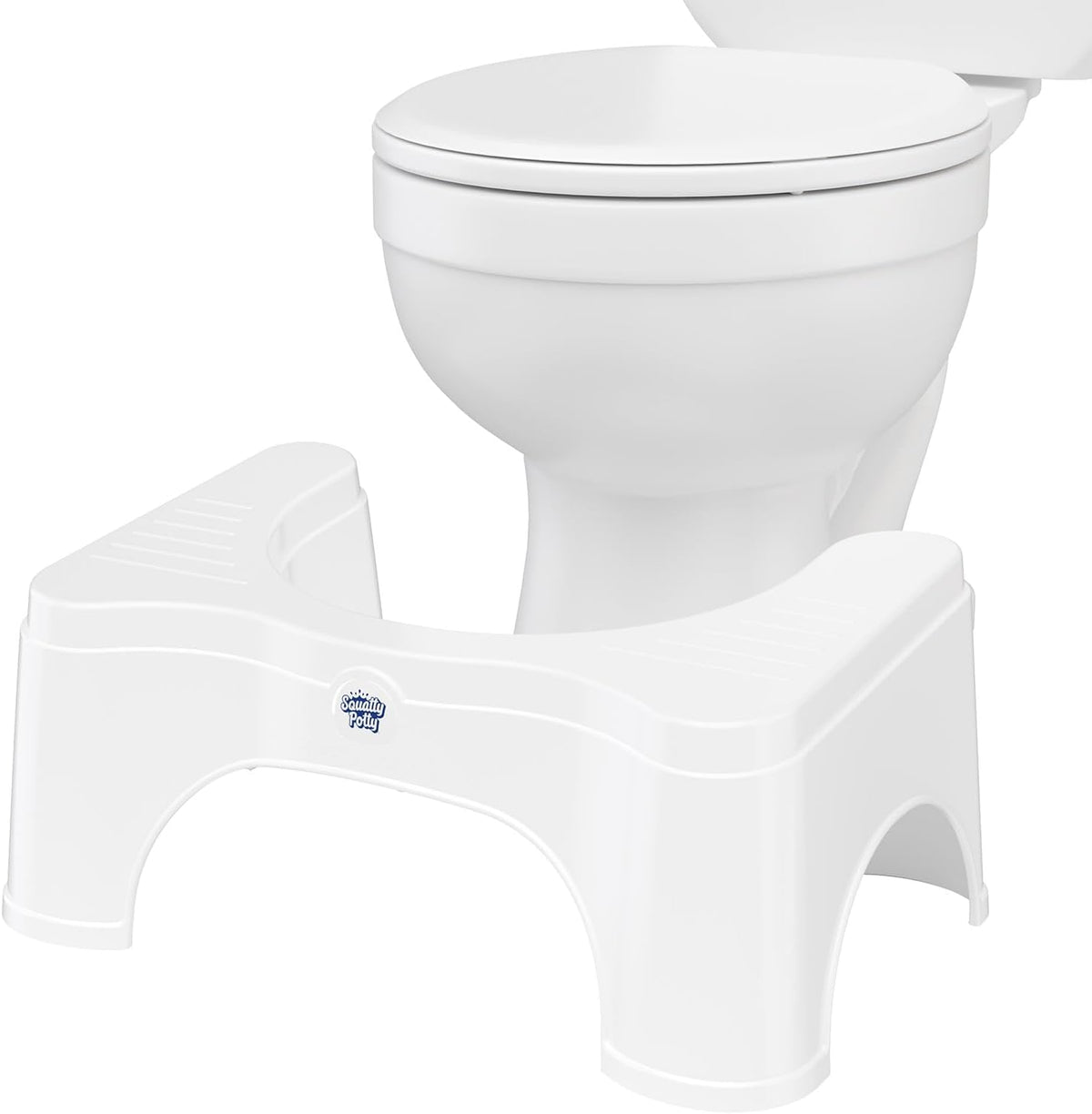 Squatty Potty 2.0 Base blanco vista frontal mostrando diseño compacto y discreto