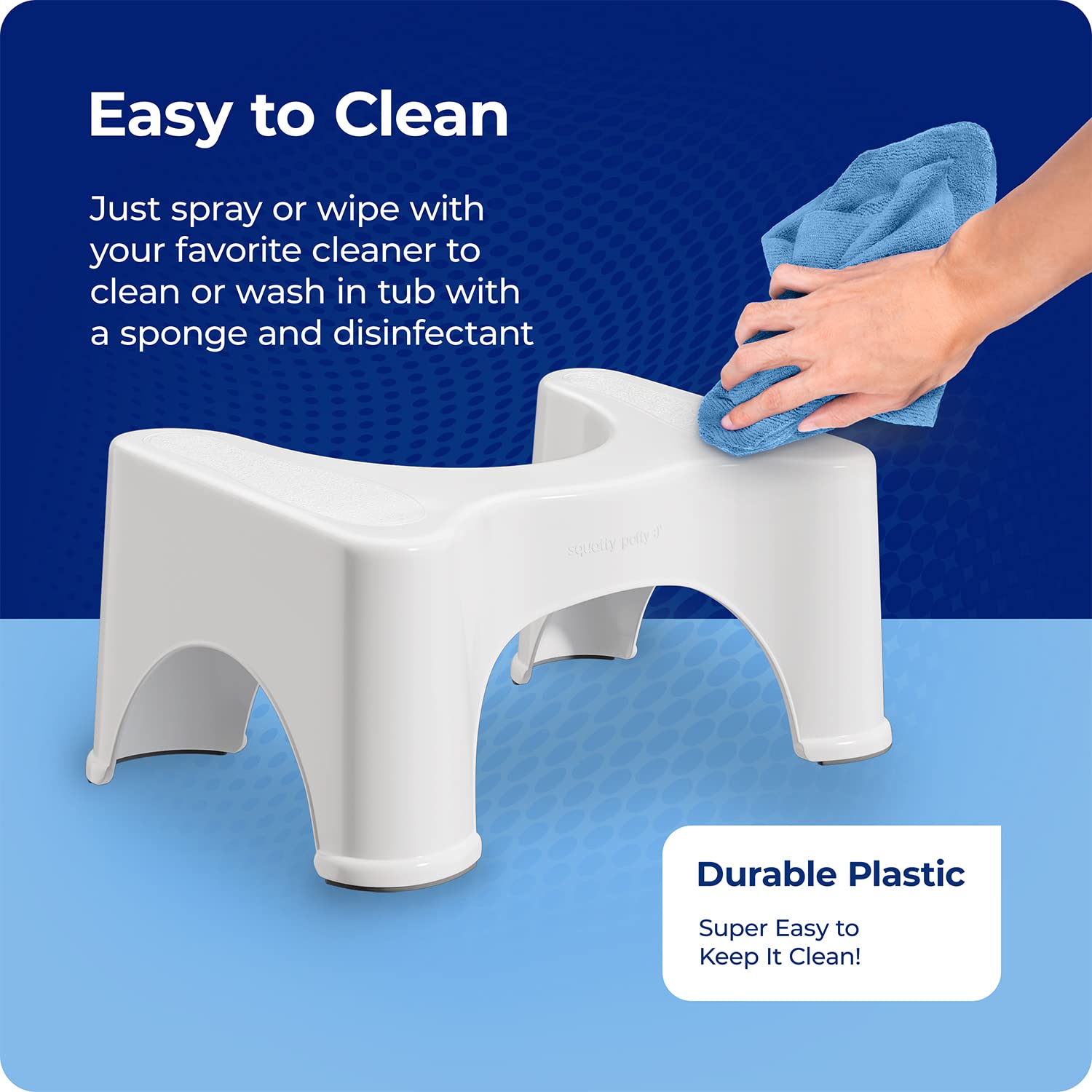 Squatty Potty embalaje y etiqueta que muestra dimensiones y acabado blanco