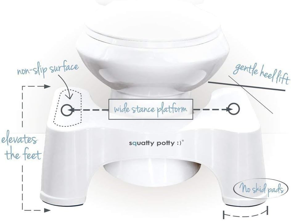 Ambiente de baño con Squatty Potty mostrando uso cotidiano