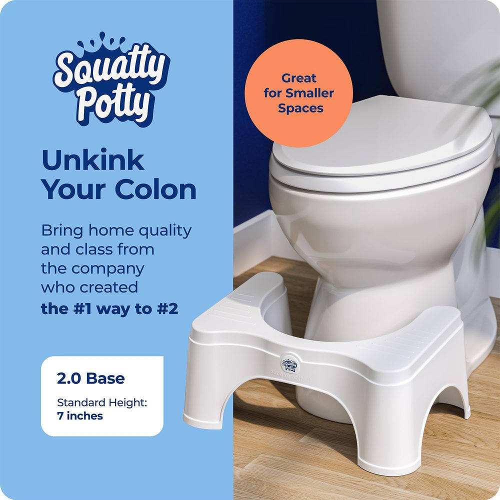 Squatty Potty colocado frente a un inodoro en baño realza postura cómoda al usarlo