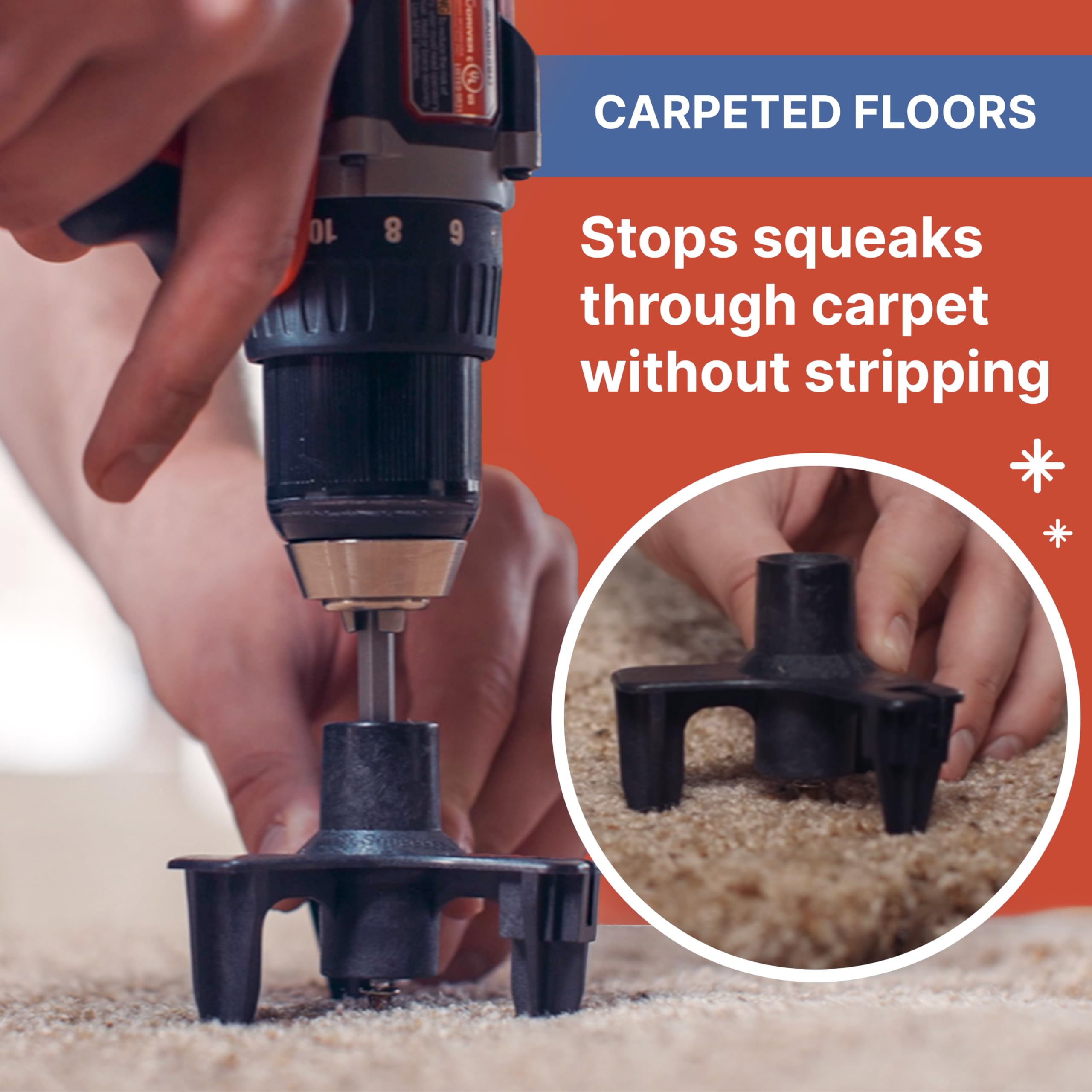 SQUEEEK NO MORE tripod fixture positioned on carpet for precise drilling