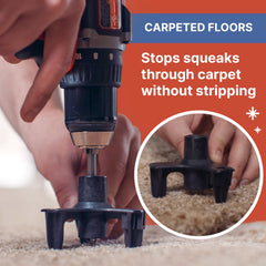 SQUEEEK NO MORE tripod fixture positioned on carpet for precise drilling