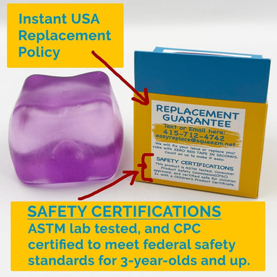 Squeez'M product label showing ASTM F963 safety mark and non-toxic materials