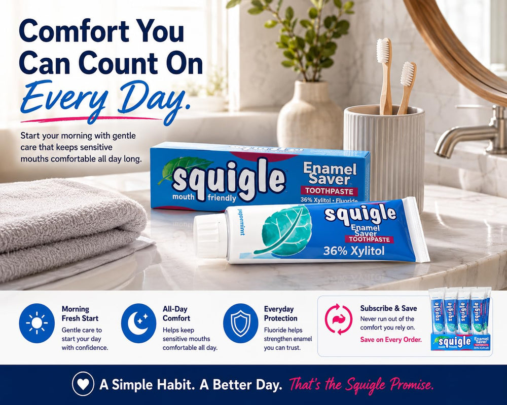 Squigle toothpaste in bathroom lifestyle scene communicating daily routine and fresh breath