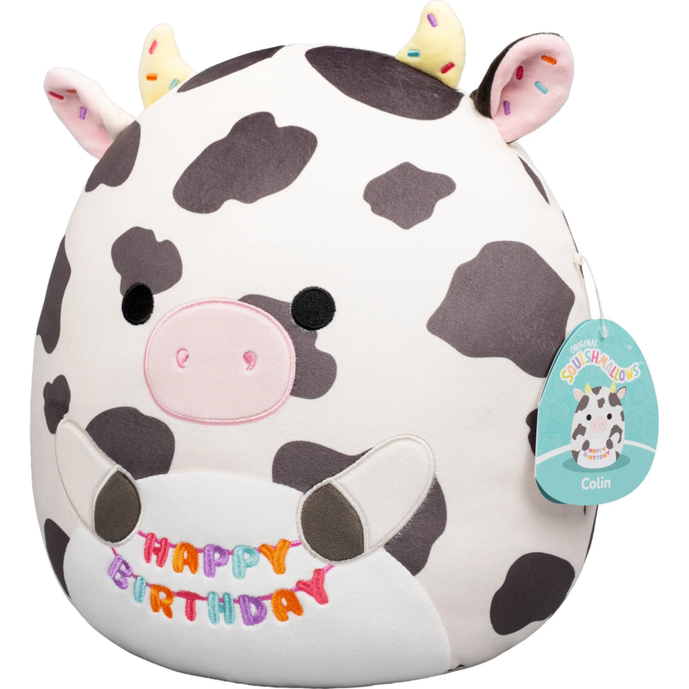 Squishmallows Colin detalle del cartel 'Happy Birthday', toque festivo
